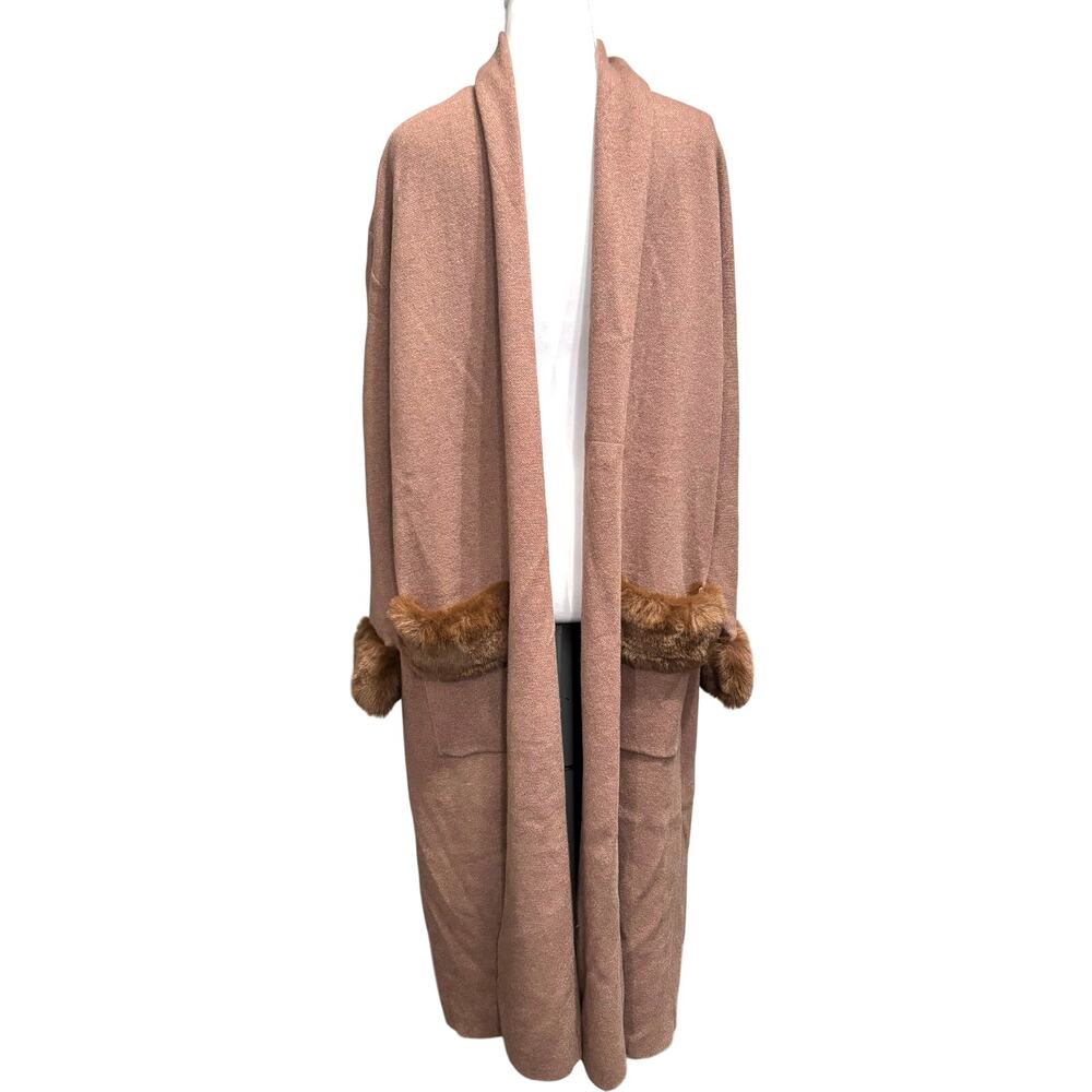 NWT Max sport open front knit sweater duster cardigan, mocha faux fur glam sz L - Picture 2 of 11
